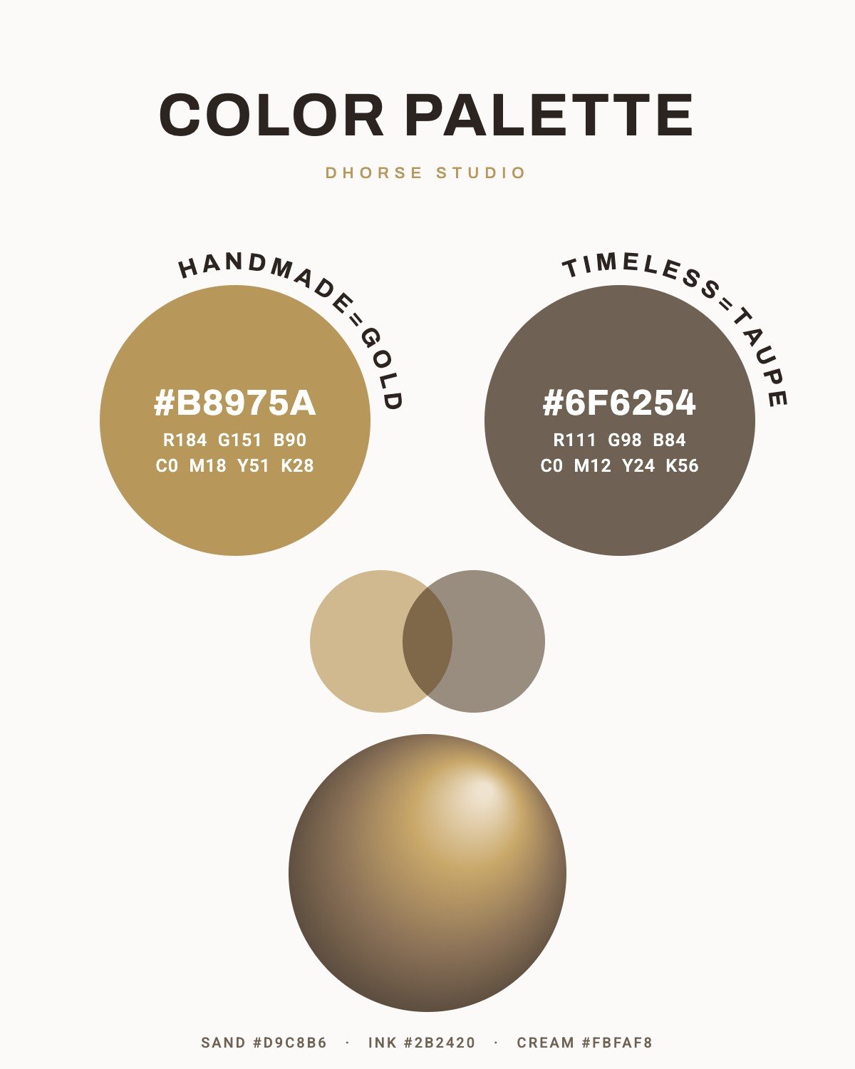 DHorse Studio color palette: gold and taupe brand colors with HEX, RGB and CMYK values