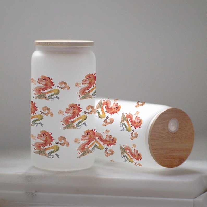 Chinese Dragon Pattern Glass Tumbler with Bamboo Lid