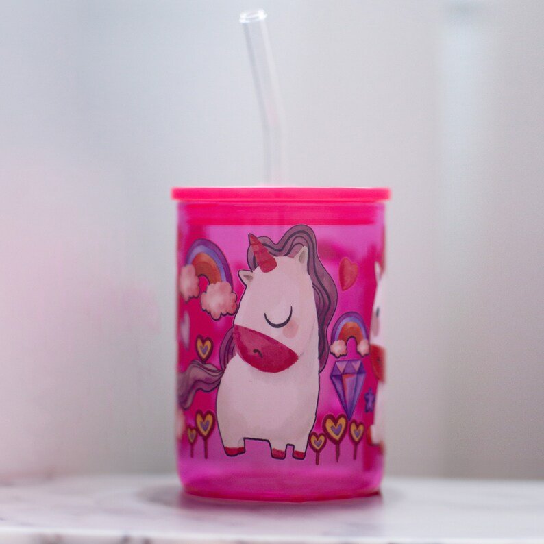 Pink Unicorn Glass Mug with Lid and Straw — photo 2