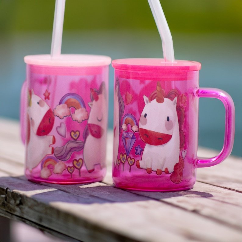Pink Unicorn Glass Mug with Lid and Straw
