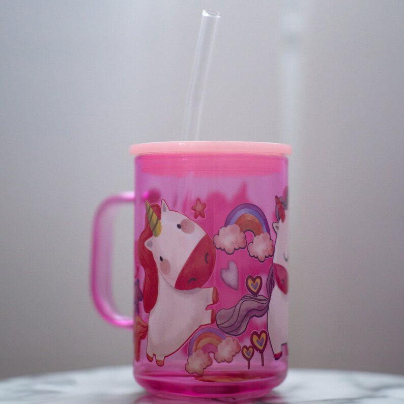Pink Unicorn Glass Mug with Lid and Straw — photo 8