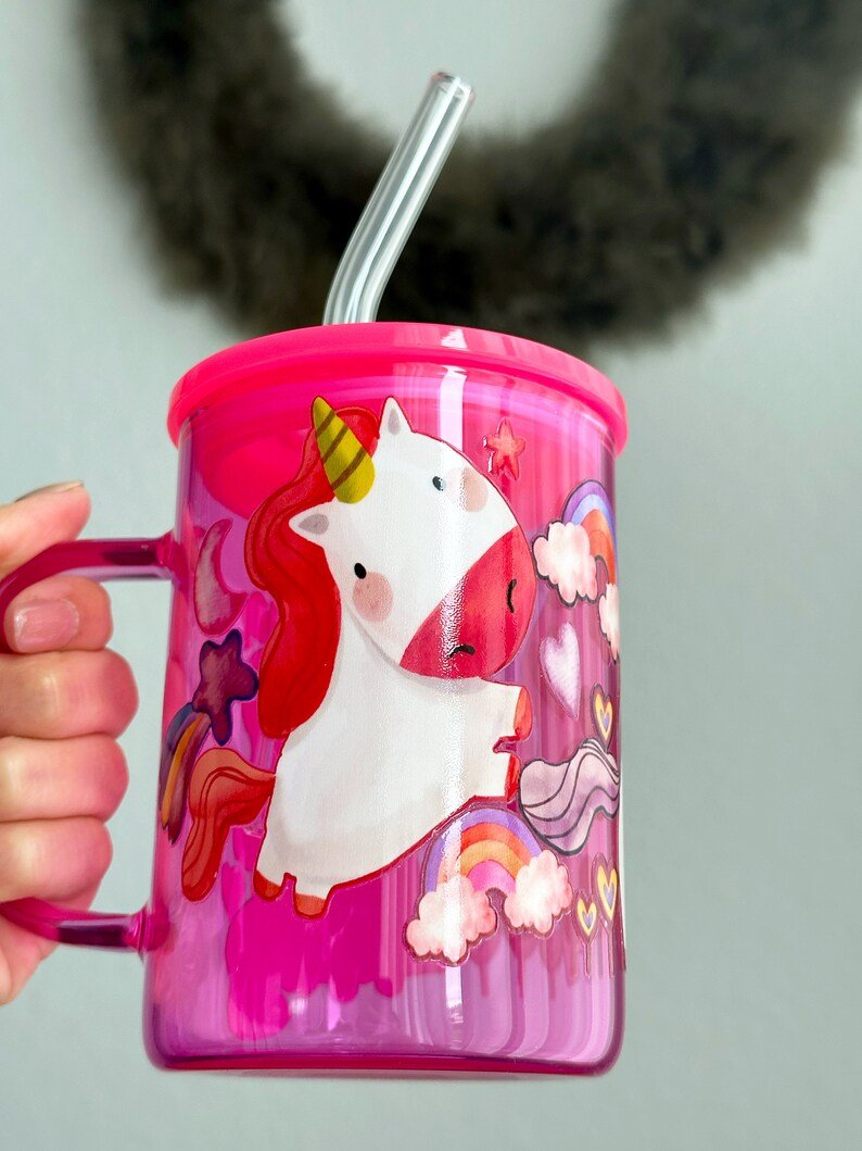 Pink Unicorn Glass Mug with Lid and Straw — photo 9