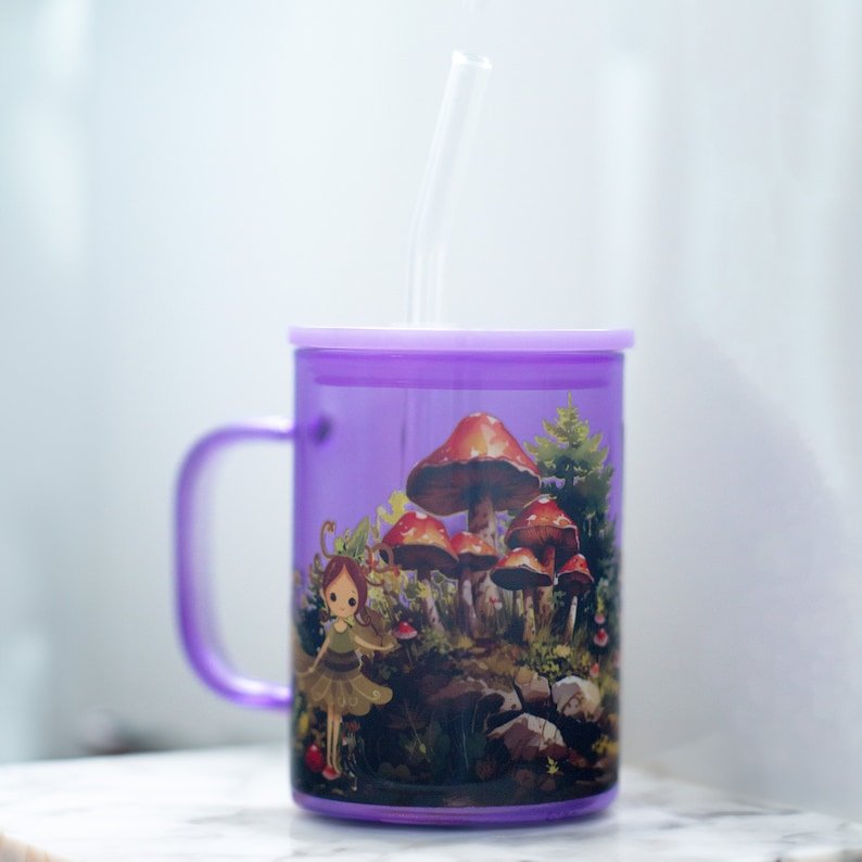 Purple Fairy Tale Glass Mug with Lid & Straw — photo 3