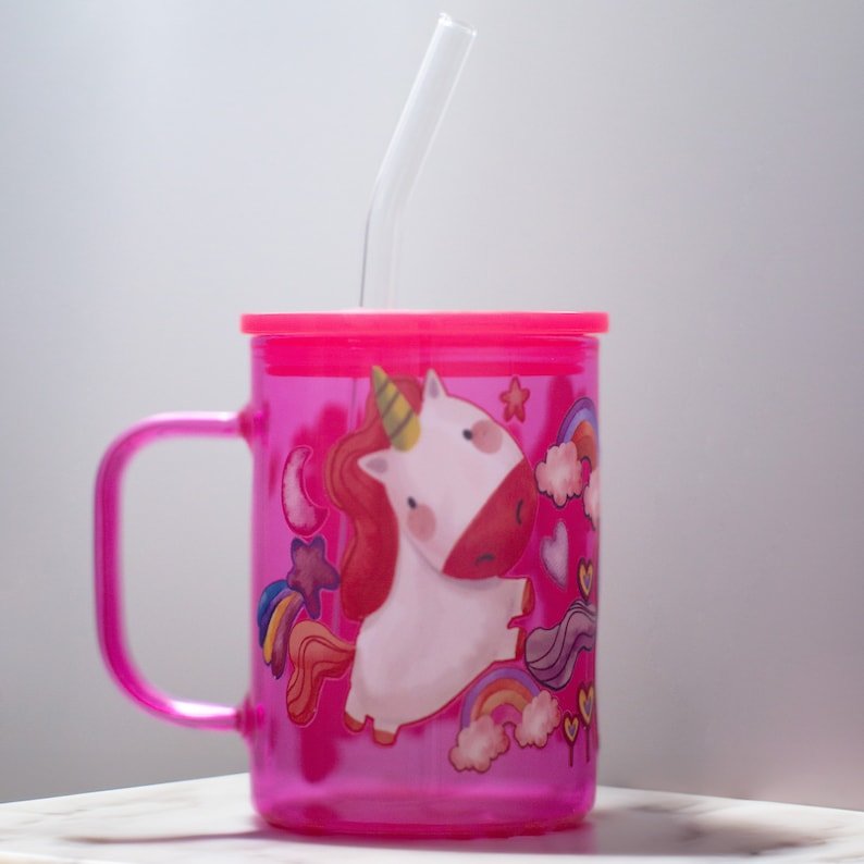 Pink Unicorn Glass Mug with Lid and Straw — photo 3