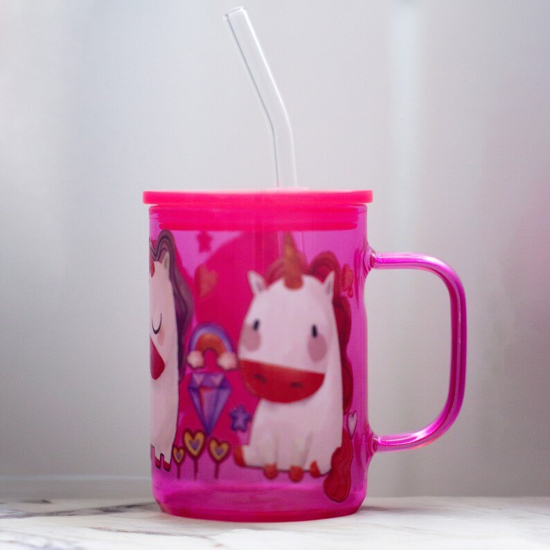 Pink Unicorn Glass Mug with Lid and Straw — photo 4