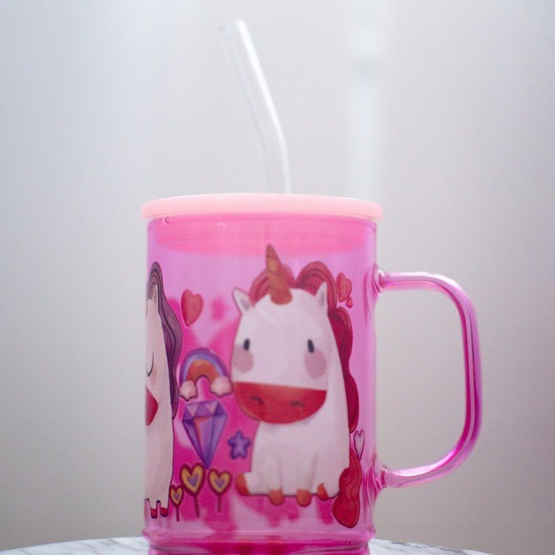 Pink Unicorn Glass Mug with Lid and Straw — photo 7