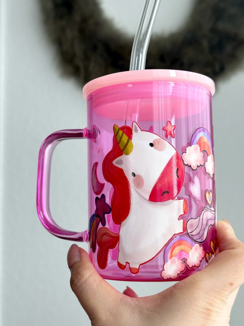 Pink Unicorn Glass Mug with Lid and Straw — photo 10