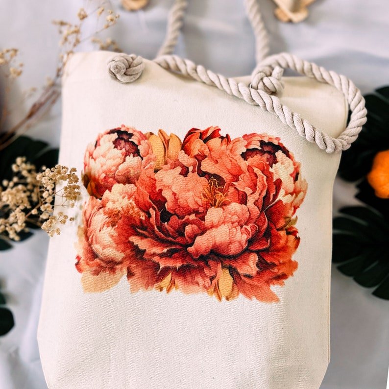 Peony Pink Floral Canvas Tote Bag - Image 3