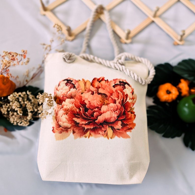 Peony Pink Floral Canvas Tote Bag - Image 4