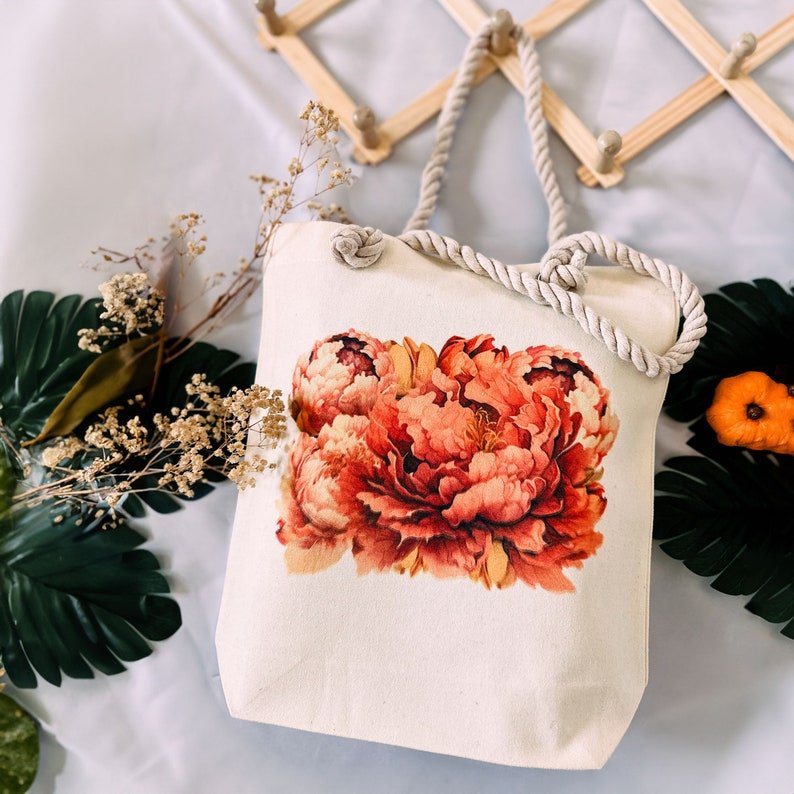 Peony Pink Floral Canvas Tote Bag - Image 2