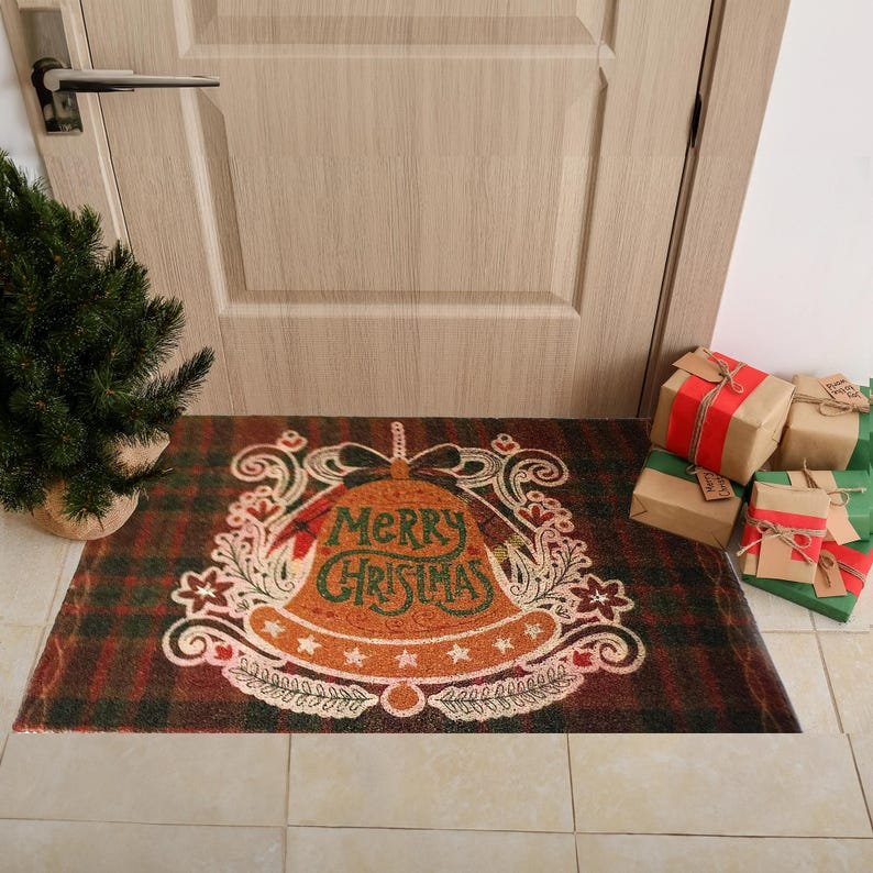 Merry Christmas Plaid Bell Doormat