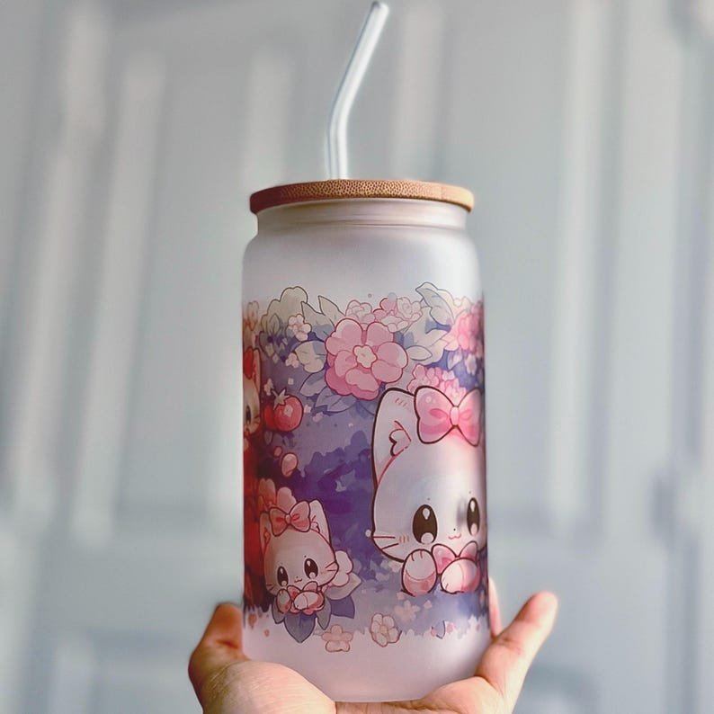 Floral Kawaii Cat Frosted Glass Tumbler