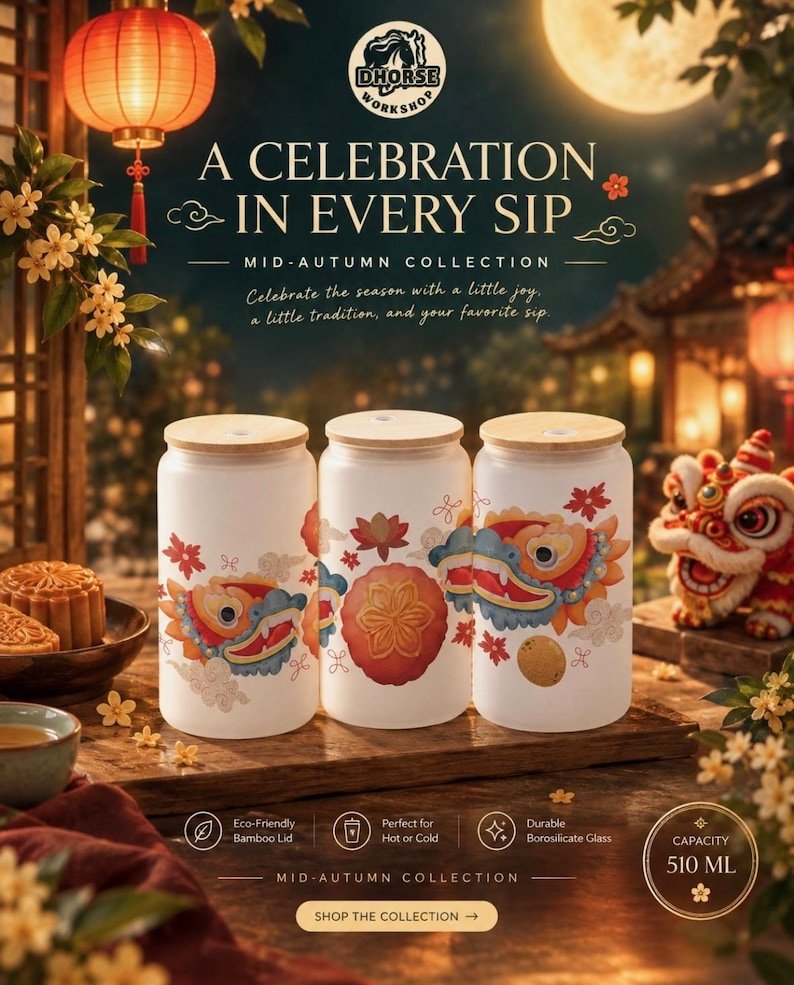 Lion dance Mid-Autumn glass tumbler set