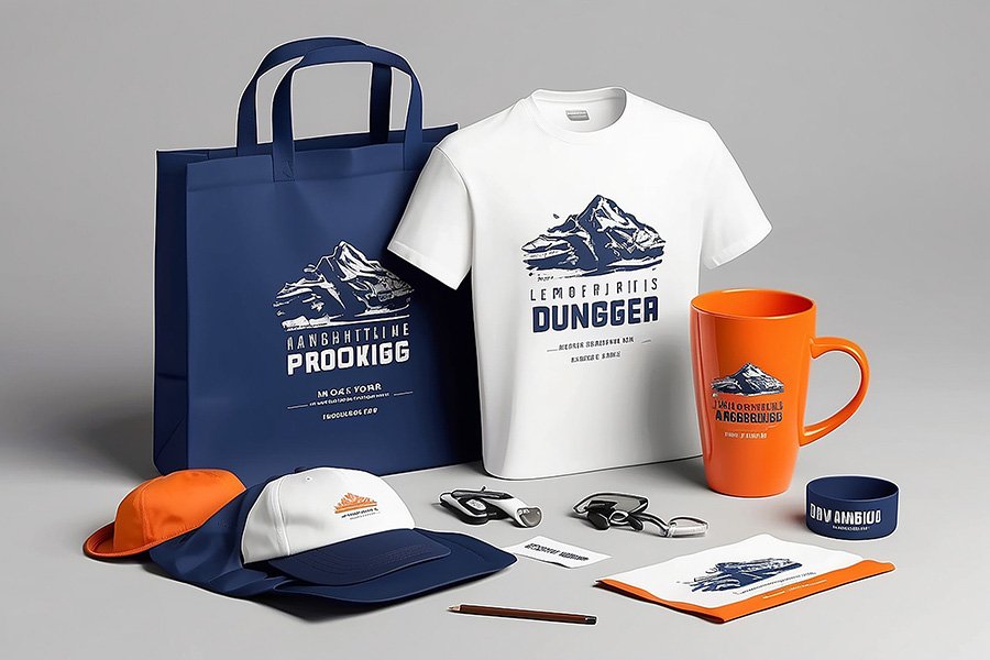 Branded merchandise mockup: tote bag, T-shirt, mug, cap and stationery